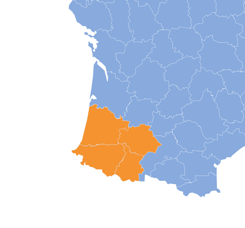 Carte de france minimaliste indiquant des régions d'activité de Manaï Peinture